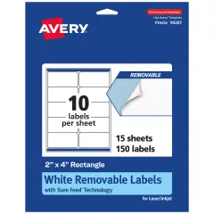 Avery Matte White Removable Rectangle Labels with Sure Feed Technology, 2" x 4"