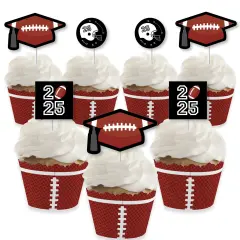 Big Dot of Happiness Grad Football - Cupcake Decoration - 2025 Graduation Party Cupcake Wrappers and Treat Picks Kit - Set of 24