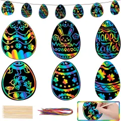 48 Pieces Easter Scratch Art Paper, Easter Egg Rainbow Magic Scratch Crafts Ornaments with Wooden Stick and Ribbon for Kids Easter Party Favor Decorations