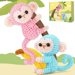 Crochet Kit for Beginners - 2 PCS Monkey with Banana, Step-by-Step Video Tutorials, for Adults and Kids (Blue & Pink)