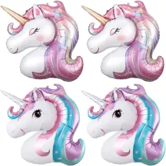 4Pcs 29.5inch Pink Blue Purple Unicorn Head Shape Foil Balloons, Large Pastel Rainbow Color Balloon for Unicorn Birthday Wedding Engagement Magical Horse Party Decorations (Blue Purple)