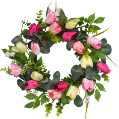 22" Tulip Summer Floral Wreath for Front Door, Summer Floral Wreath with Eucalyptus Leaves, Money Plant, Ferns for Indoor Outdoor Wall Festival Home Farmhouse Wedding Summer Home Decor