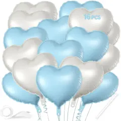 16 Pcs Heart Balloons, 18 Inch Blue White Sand Love Heart Shaped Foil Balloons for Wedding Anniversary Birthday Party Valentine Decorations Baby Shower Bridal Shower Engagement Decorations Supplies