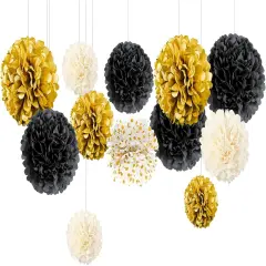 Black Gold Party Decorations - 12 PCS Black Gold White Tissue Paper Pom Poms for Wedding, Birthday, Bridal Shower, Prom, Graduation, Festival Decorations, 2025 New Years Decor
