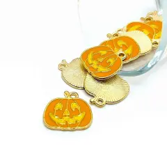 Orange and Yellow Enamel Jack O Lantern Pumpkin Charms, 20x20mm