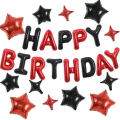 35PCS Black and Red Happy Birthday Decorations 16 Inch Happy Birthday Balloon Banner with Star Balloons Mylar Foil Birthday Party Decorations Supplies for Men Women Adults Girls Boys Kids