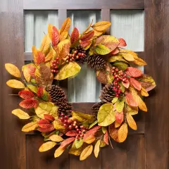 Northlight Leaves, Pinecones and Berries Artificial Fall Harvest Wreath - 26" Orange