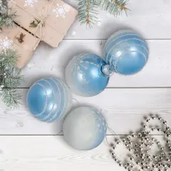 North Star Stripes and Snowflakes Shiny Glass Ball Christmas Ornaments - 3" (80mm) - Blue and White- 4ct