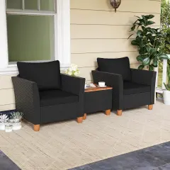 Costway 3 PCS Outdoor Patio Rattan Bistro Furniture Set Wooden Table Top Cushioned Sofa Black Brown