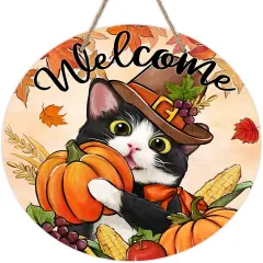 Welcome Thanksgiving Tuxedo Cat Front Door Sign