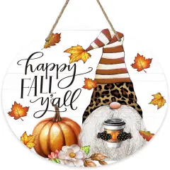 Happy Fall Y'all Pumpkin Leopard Gnome Front Door Sign