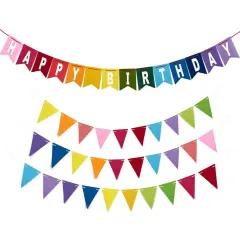 8 Feet Rainbow Happy Birthday Banner with 3 Colorful Felt Pennant Flag Banners (6 Feet) for Party Decorations Multicolor