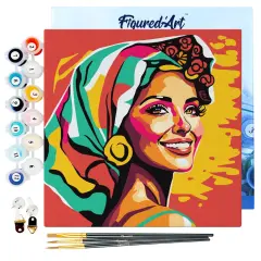 Figured'Art Mini Paint by Numbers Kit for Adults with Frame Exotic Beauty Pop Art Small format 8"x8" - Craft Art Painting DIY Canvas Already Stretched on a Wooden Frame