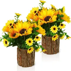 Artificial Flowers Fake Silk Sunflower Flower in Planters Flower Vase Small Rustic Potted Flower Arrangements Artificial for Home Outdoors Tabletop Decor Set of 2 (Yellow)