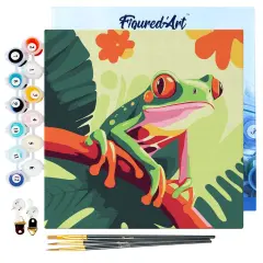 Figured'Art Mini Paint by Numbers Kit for Adults with Frame Tropical Red-Eyed Tree Frog Small format 8"x8" - Craft Art Painting DIY Canvas Already Stretched on a Wooden Frame