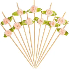 Pink Rose Flower Cocktail Picks, 4.7 Inch Long Bamboo Fancy Toothpicks for Appetizers, Decorative Bridal Shower Wedding Valentines Party Food Drinks Fruit Skewer Sticks 100 Counts - MSL222