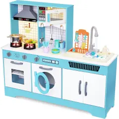 Lil' Jumbl Wooden Pretend Play Kitchen Set for Kids with Washer, Dryer, Sink, and Interactive Features Blue