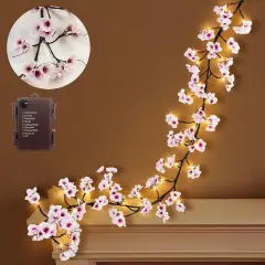 6FT Lighted Cherry Blossom Christmas Garland with Timer 48 LED Fairy Lights