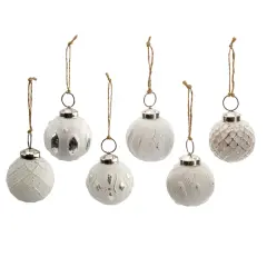 2in Farmhouse Ball Ornaments Distressed Metal Glass Christmas Decor White