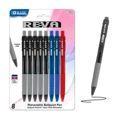 BAZIC Reva Asst. Color Retractable Pen w/ Cushion Grip (8/Pack)