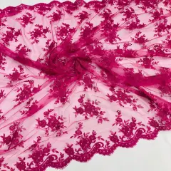 1 Yard Elegant Corded Bridal Lace Fabric with Embroidered on 100% Polyester Net Mesh 56" Width Fuchsia
