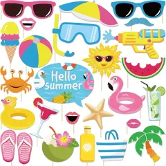 25Pcs Hello Summer Pool Photo Booth Props with Stick