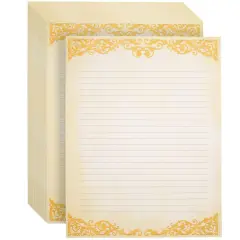 48-Pack Vintage-Style Lined Stationary Paper for Writing Letters, Antique, Old Fashioned Paper, Aged Fancy Lined Paper, Ivory with Gold Border (Letter Size, 8.5 x 11 In) White