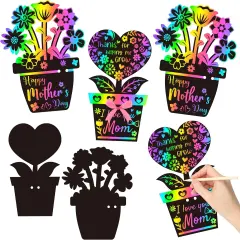 Flower Scratch Cards Craft - 60Pcs Mother's Day Flower Pot Scratch Cards Kit for Kids DIY Magic Color Craft Set Teacher Appreciation Gift School Classroom Home Fun Activities