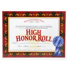 High Honor Roll Certificate, 8.5" x 11", Pack of 30