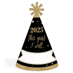 Big Dot of Happiness New Year's Eve - Gold - 2025 Cone New Years Eve Resolution Party Hats for Adults - Set of 8 (Standard Size)