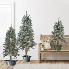 Northlight Pre-Lit Slim Flocked Alpine Artificial Christmas Trees - 5' - Clear Lights - Set of 3 Green