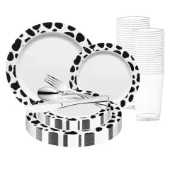White with Black Dalmatian Spots Round Disposable Plastic Wedding Value Set (20 Settings)
