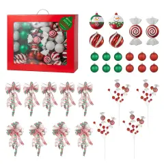 Set of 191 Christmas New Year Ball Shatterproof Ornaments with Candy Picks & Ribbon Bows