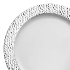White with Silver Hammered Rim Round Plastic Dinner Plates - 10.25" (120 Plates)