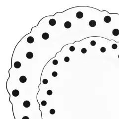 White with Black Dots Round Blossom Disposable Plastic Dinnerware Value Set (120 Guests)