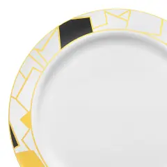White with Black and Gold Abstract Squares Pattern Round Disposable Plastic Dinner Plates - 10.25" (120 Plates)