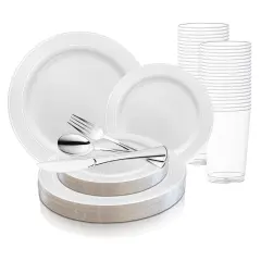 White with Silver Edge Rim Plastic Wedding Value Set (60 Settings)