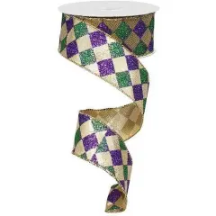 1.5" Harlequin Glitter Diamond Ribbon:Mardi Gras (10 Yards)
