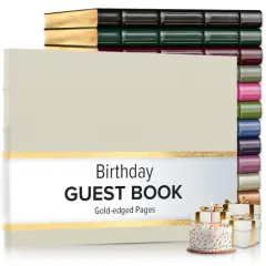 Gallery Leather Birthday Guest Book for Party Celebrations - Hardcover, Bound Leather Sign in Guest Book with 192 Lined Pages for Messages & Photos - 7" x 9" Freeport Ivory