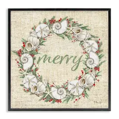 Stupell Industries Shells & Holly Merry Framed Giclee Wall Art Design by Paul Brent