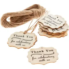 100-Pack Wood Thank You Tags with Twine for Wedding and Baby Shower Party Favors, 1.8 x 2.3 Inches Brown