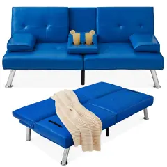 Best Choice Products Modern Faux Leather Convertible Futon Sofa w/ Removable Armrests, 2 Cupholders Royal Blue