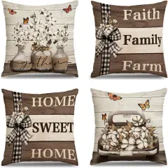 Farmhouse Pillow Covers 18x18 Inch Set of 4 Home Sweet Home Brown Throw Pillow Covers Truck Stripes Buffalo Plaid Outdoor Decor Farmhouse Mothers Day Pillowcase Cushion Case for Sofa Couch