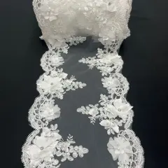 3 Yard Sequin 3D Lace Fabric 22.86 cm Wide Mesh with Pearls, Beads & Embroidery 100% Polyester White