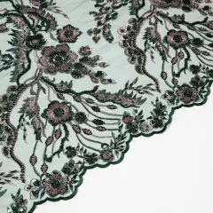 1 Yard Embroidered Beaded and Sequined Lace Fabric with Floral Pattern 50/52&Prime; Wide Hunter Green