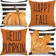 Set of 4 Fall Pumpkin and Maple Leaves Striped Pillow Covers 20 x 20 Inch