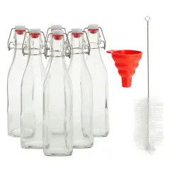 6 Pack 16 oz Glass Bottles with Swing Top Lids and Square Base, Includes Brush and Funnel for Homemade Brewing Clear