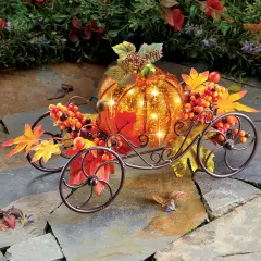 Collections Etc Solar Pumpkin Lighted Coach Wagon Fall Decor