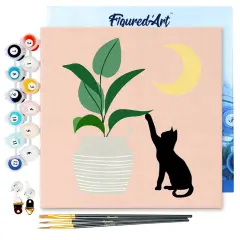 Figured'Art Mini Paint by Numbers Kit for Adults with Frame Cat plays with plant in the moonlight Small format 8"x8" - Craft Art Painting DIY Canvas Already Stretched on a Wooden Frame