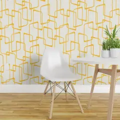 Non-Pasted Wallpaper 2FT Wide Yellow Geometric Shapes Pattern Lino Print Texture Traditional Wallpaper by Spoonflower
